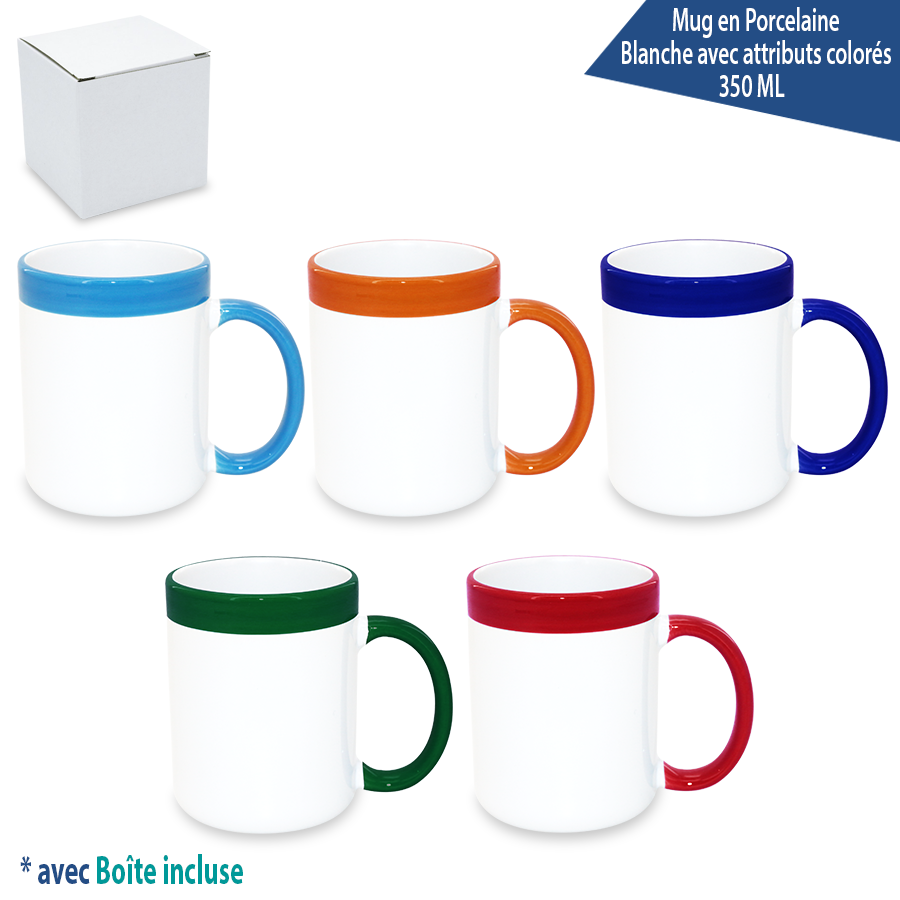 mug en porcelaine blanche avec attributs colorés 350 ml